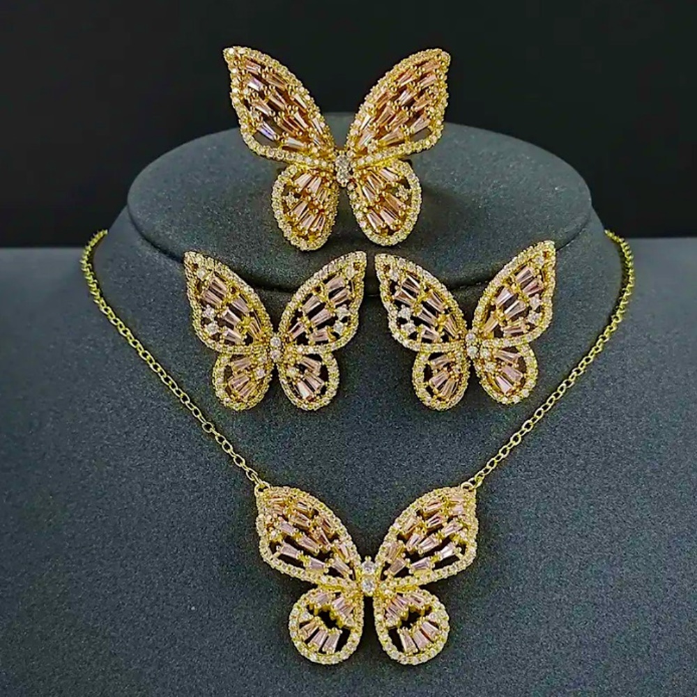 Gold Plated Butterfly Matching Choker, Earrings, Ring Pink Zircon Set